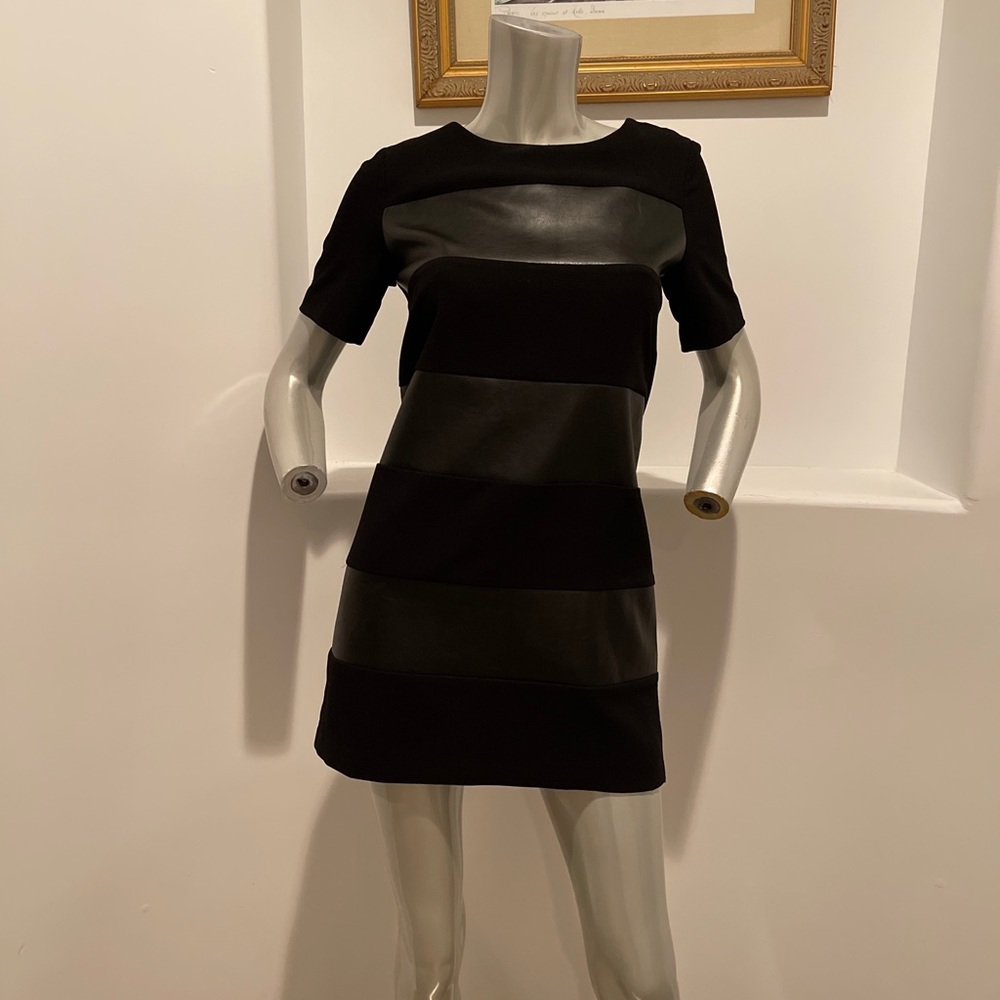 Striped Black Mini Dress with Leather-Look Panels